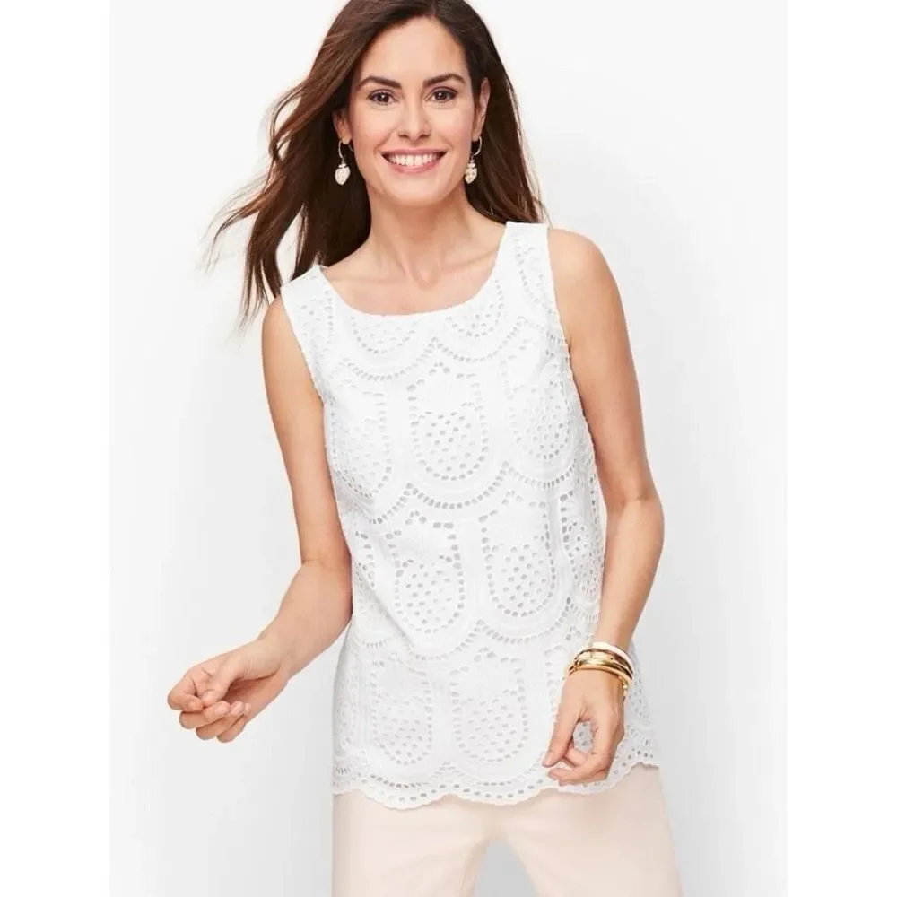Talbots Womens Sleeveless Tank Top White Eyelet Pineapple Lined Side Zip. Sz XLp